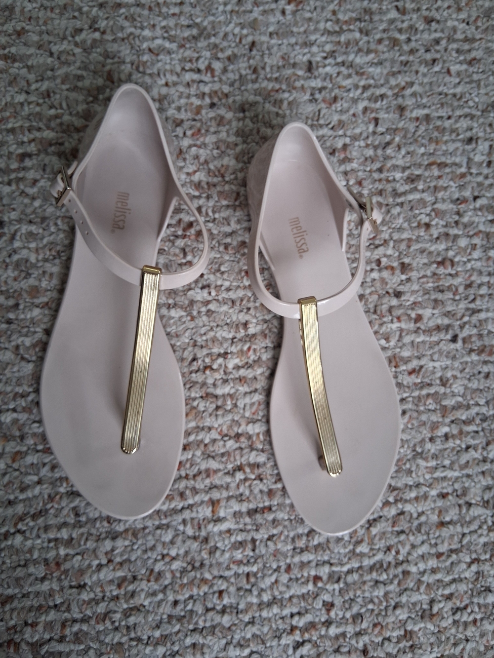 Melissa Nude T-Strap Sandals with Gold Accent Sz 8